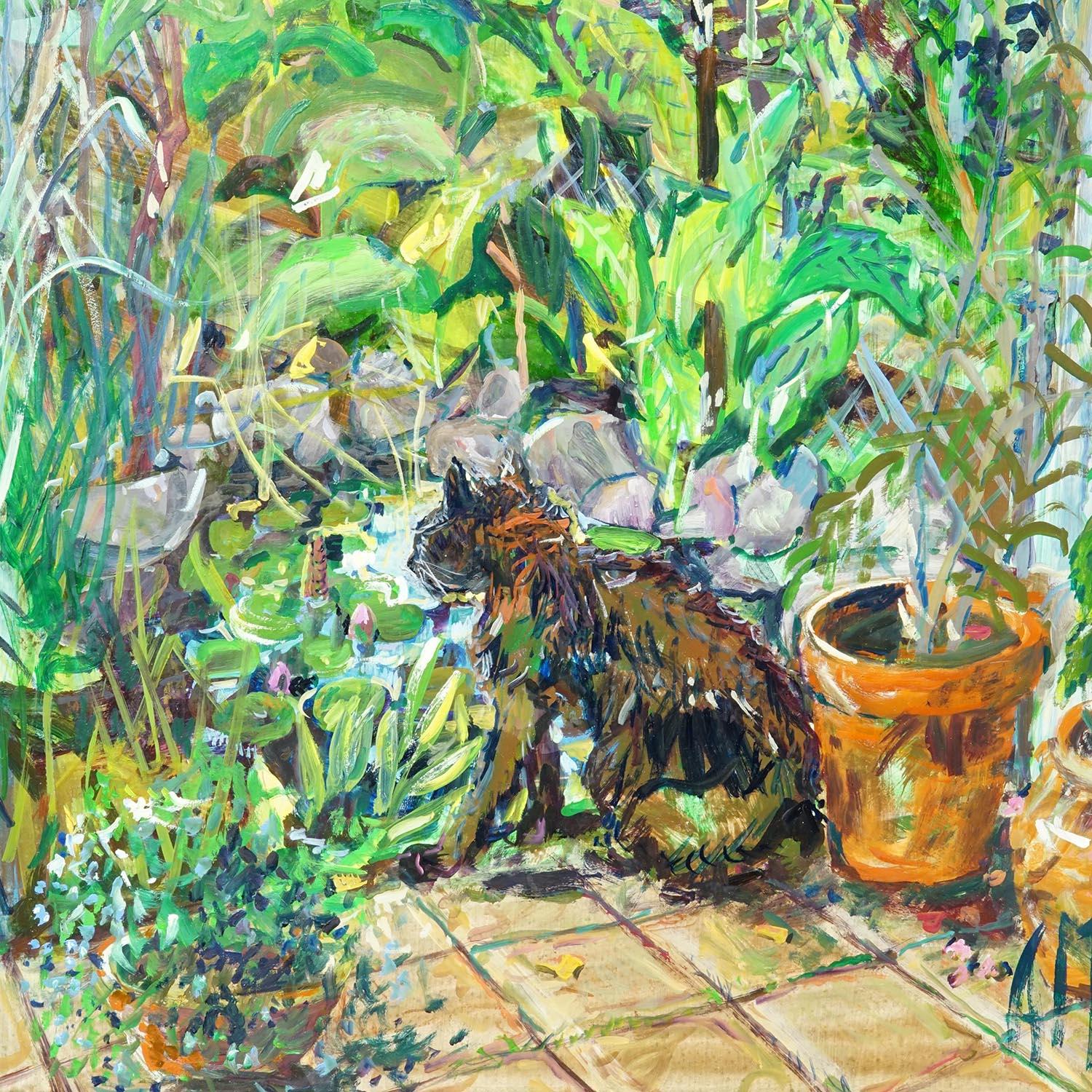 Tedesco Pittura a olio impressionista d'epoca di uno scenario di giardino, Alexander Michael 1994 in vendita
