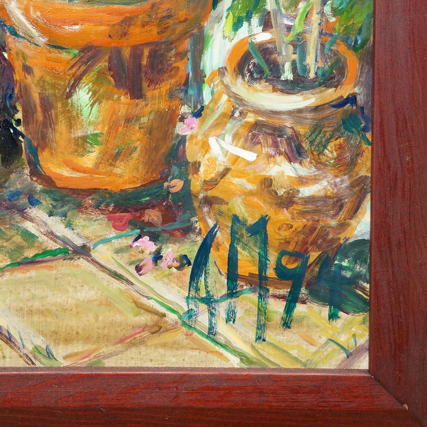 XX secolo Pittura a olio impressionista d'epoca di uno scenario di giardino, Alexander Michael 1994 in vendita