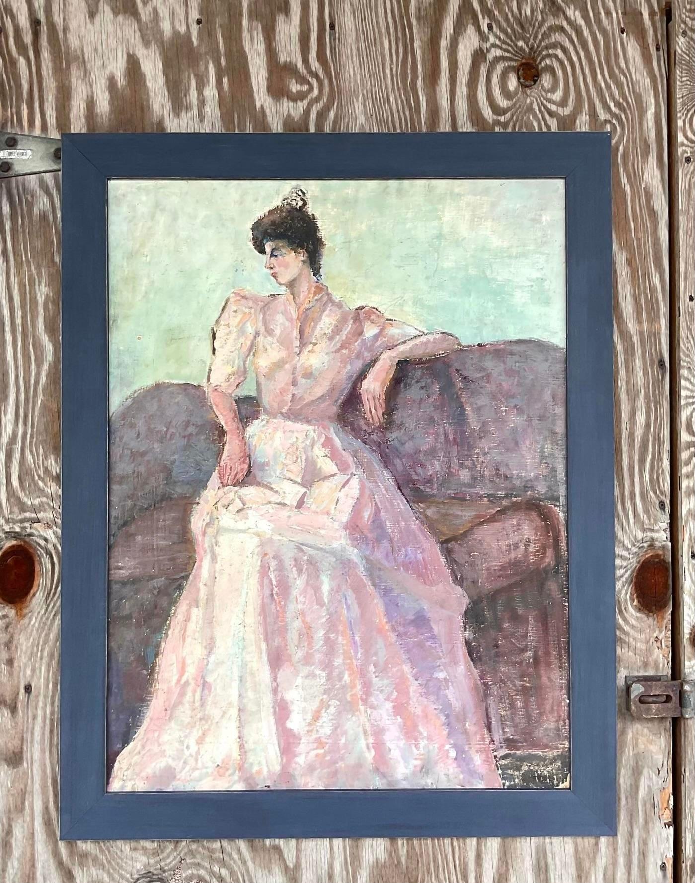 Impressionsit original de portrait de femme en robe rose en vente 4