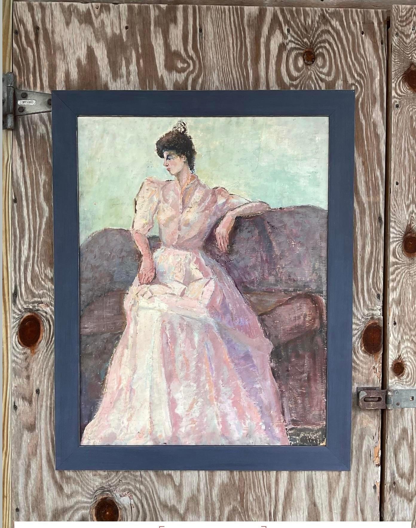 Impressionsit original de portrait de femme en robe rose en vente 5