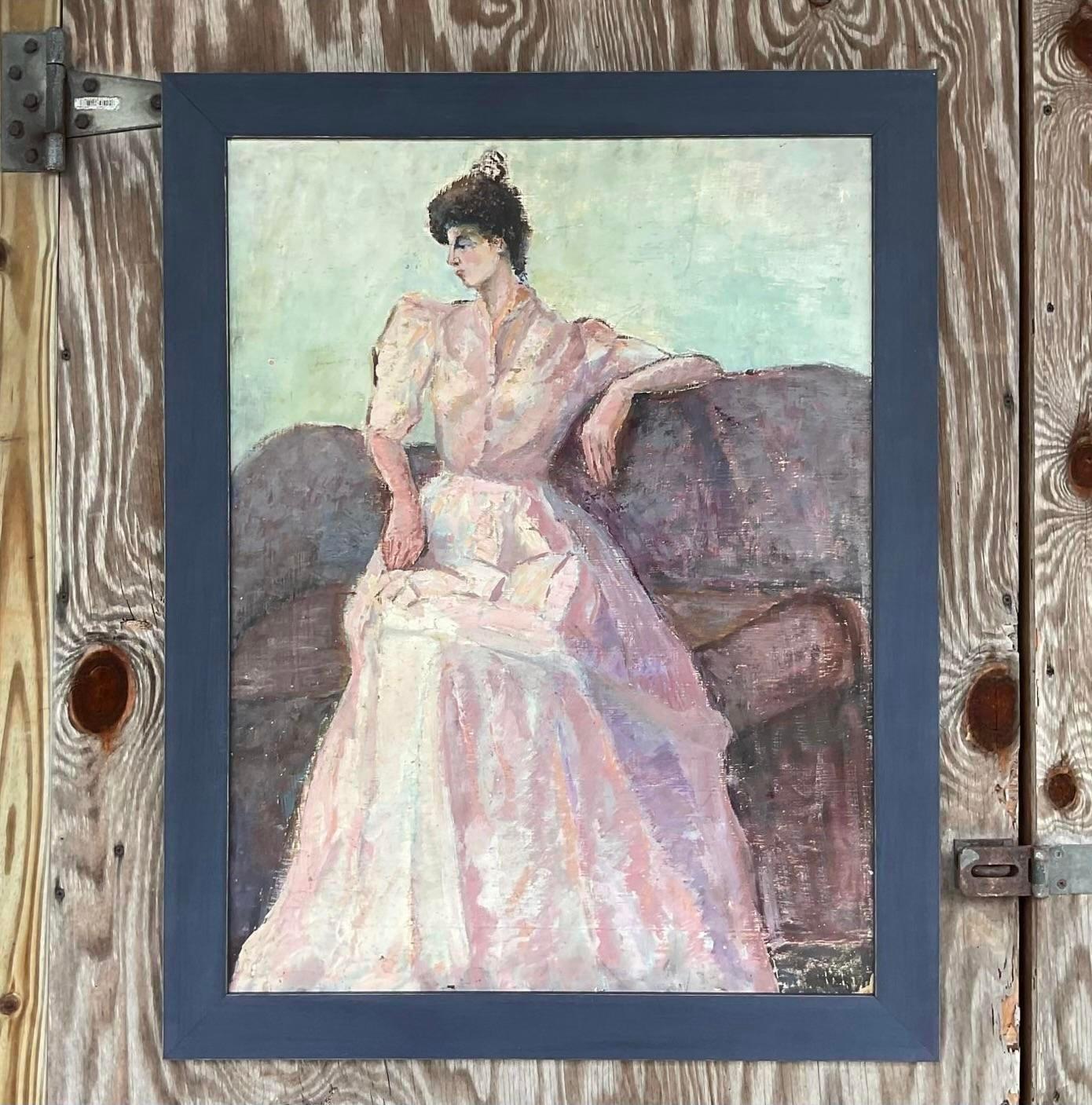An incredible vintage original oil painting on board. A striking composition of a woman
in repose. A beautiful painterly style. Unsigned. Acquired from a Palm Beach estate.