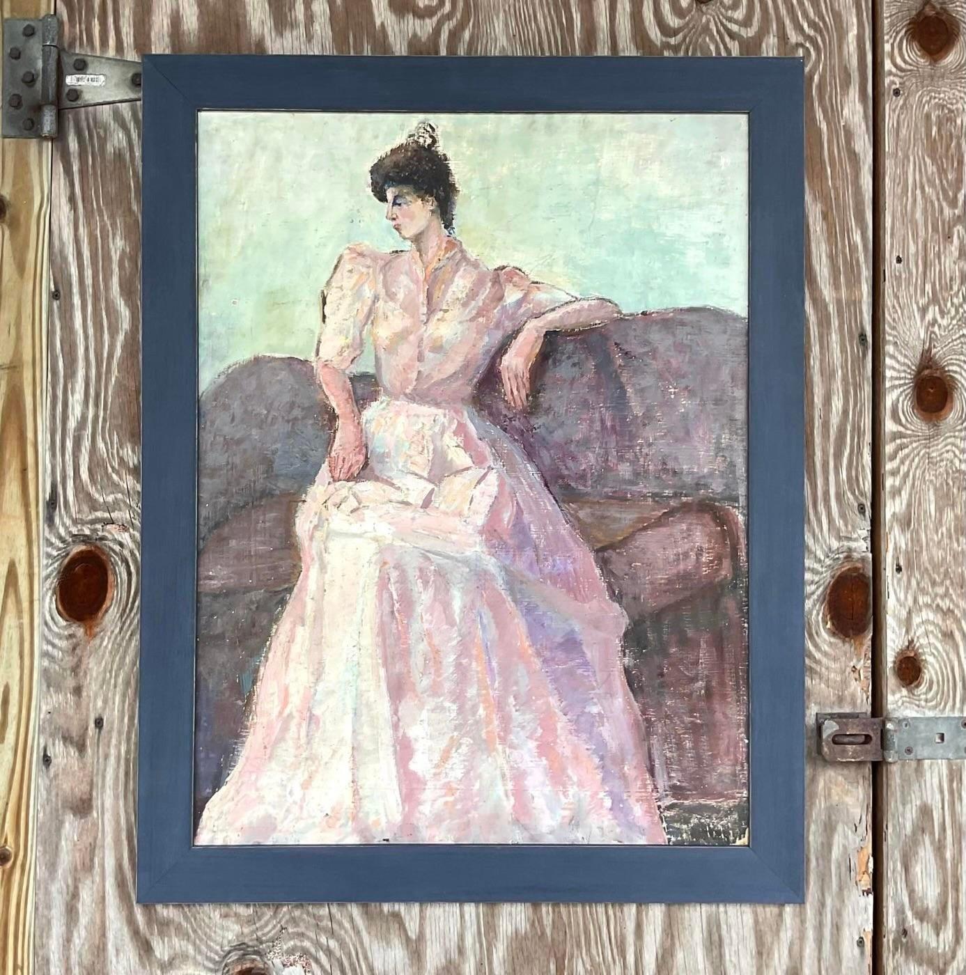 Vintage Impressionsit Original Oil Portrait Painting of Woman in Pink Gown In Good Condition For Sale In west palm beach, FL