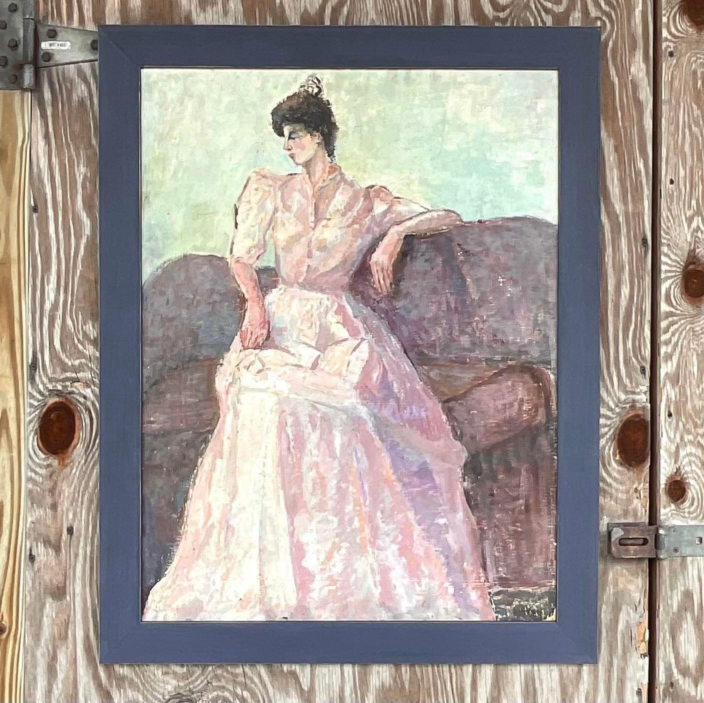 Canvas Vintage Impressionsit Original Oil Portrait Painting of Woman in Pink Gown For Sale