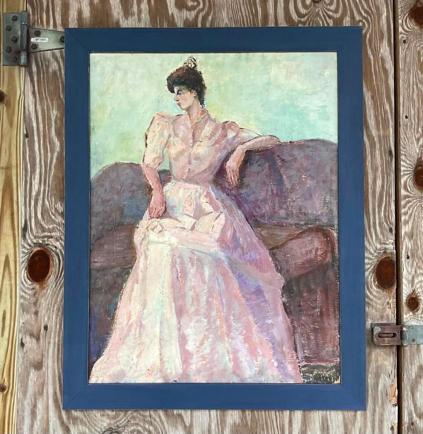 Vintage Impressionsit Original Oil Portrait Painting of Woman in Pink Gown For Sale 1