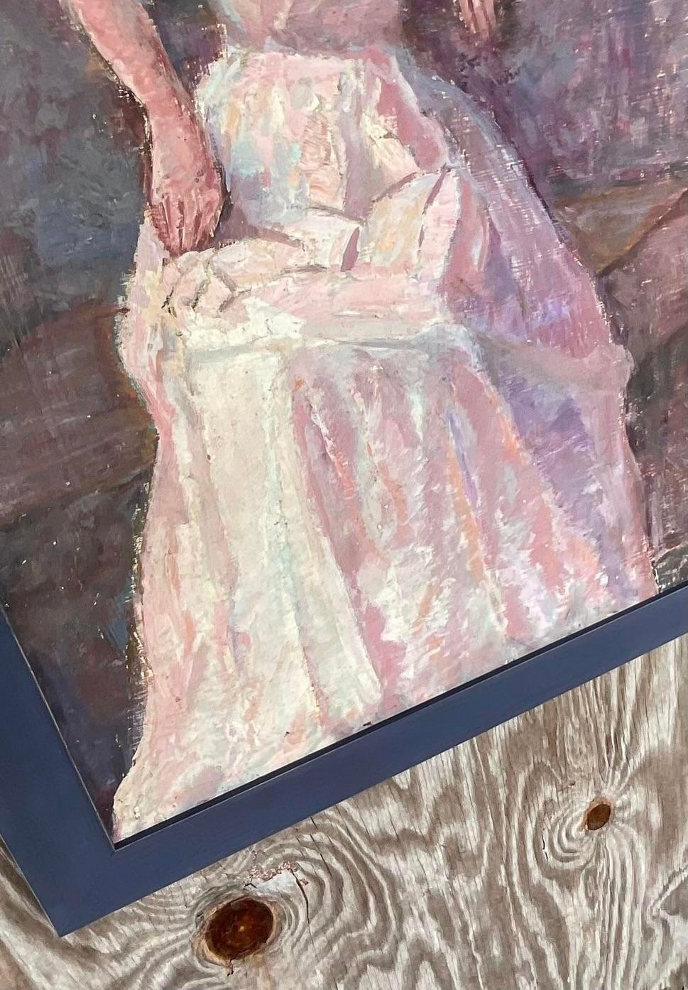 Vintage Impressionsit Original Oil Portrait Painting of Woman in Pink Gown For Sale 2