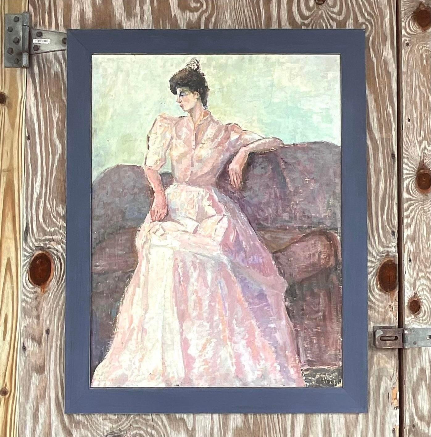 Vintage Impressionsit Original Oil Portrait Painting of Woman in Pink Gown For Sale 3