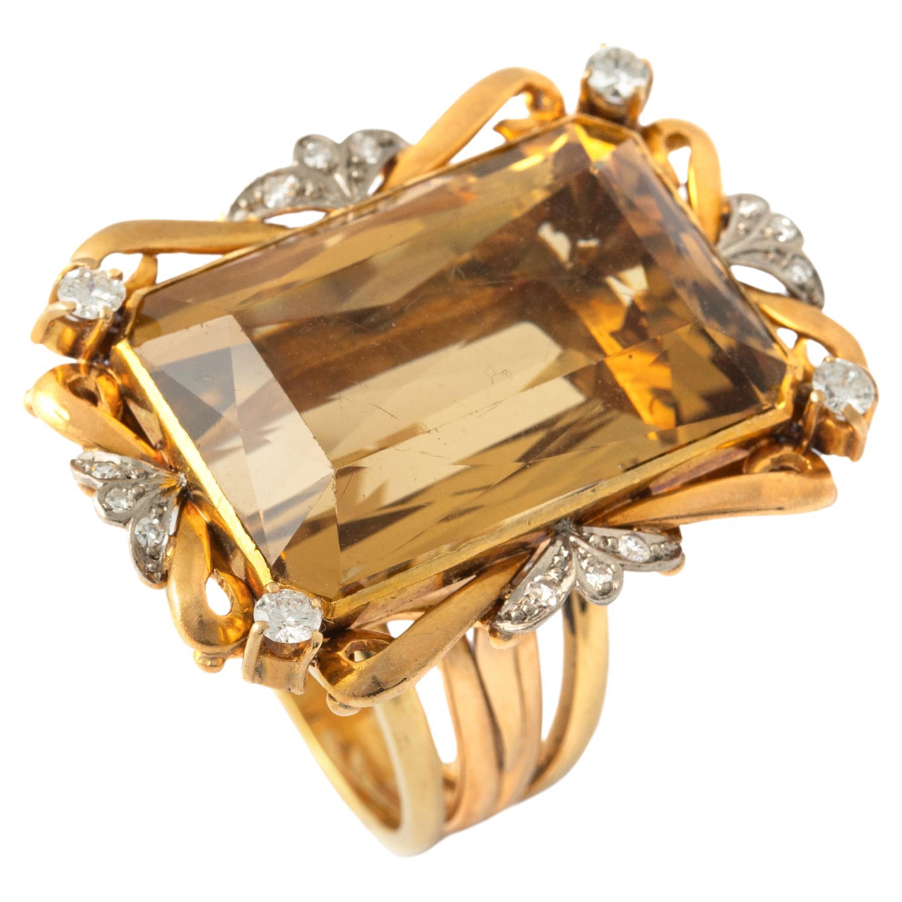 Vintage Impressive Citrine Diamond Yellow Gold Ring 1950S For Sale