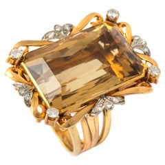Retro Impressive Citrine Diamond Yellow Gold Ring 1950S