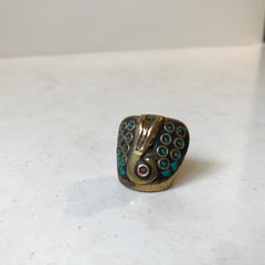 Vintage Incense Stick Holder in Bronze and Turquoise, India, 1970s