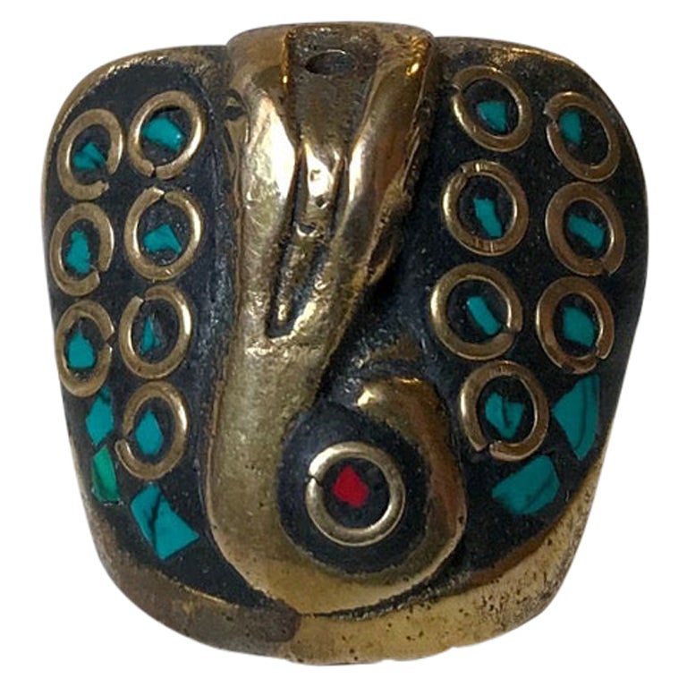 Porte-bougies vintage en bronze et turquoise, Inde, 1970
