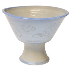 Vintage Incised Studio Pottery Compote Vase with Shell Motif by Deanna Nichols