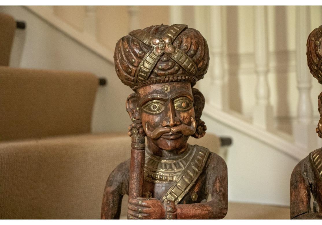 Hand-Carved Vintage India Hand Carved & Gilt Chowkidar Wooden Statues For Sale
