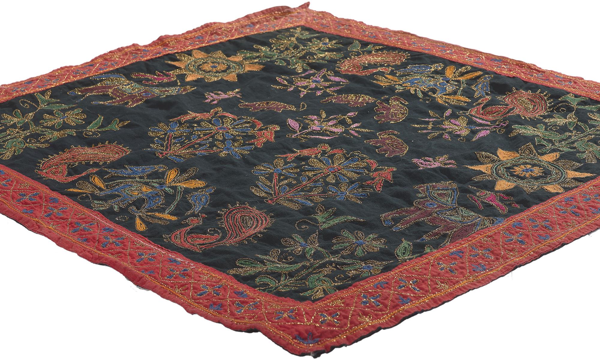 78459 Vintage Indian Kashmiri Embroidered Tapestry 02'10 x 02'09.
Emulating maximalist style with opulent detail work and lavish texture, this vintage embroidered tapestry from India is a captivating vision of woven beauty. The intricate