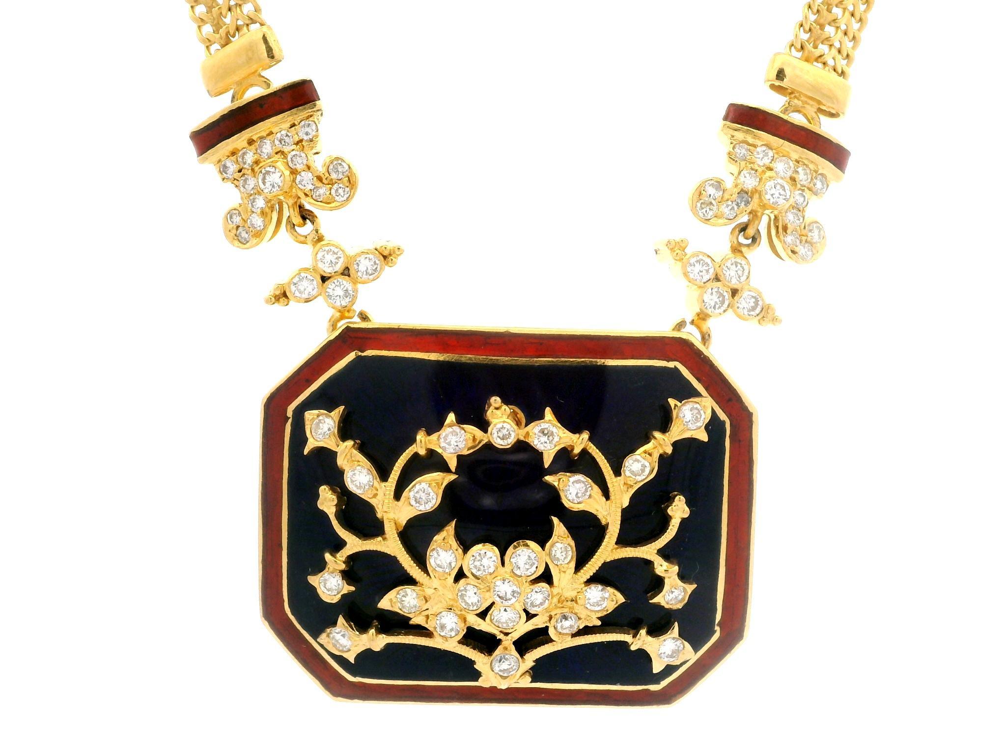 Vintage Indian 20K Gold Diamond Blue & Red Enamel Work Necklace Earrings Set For Sale 5