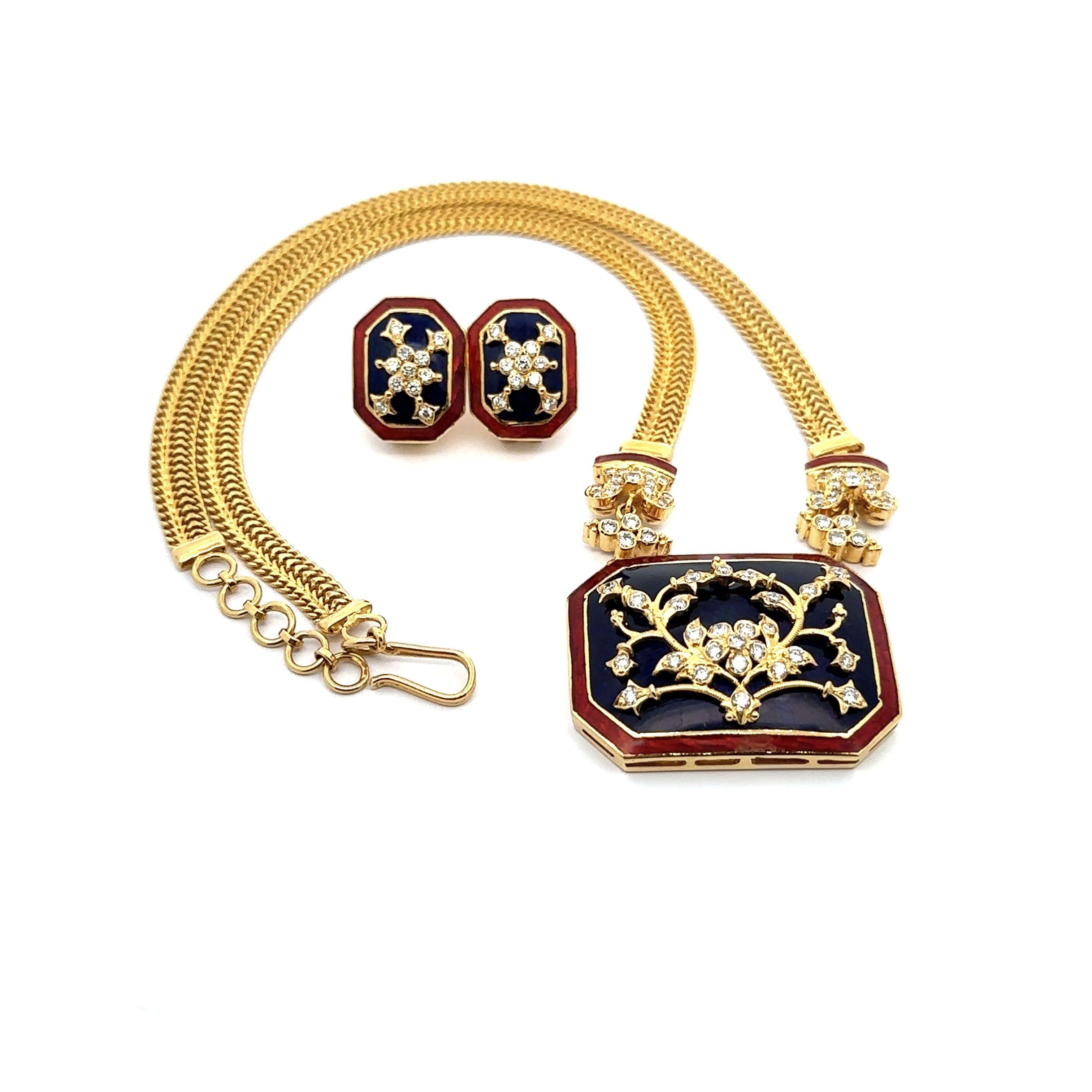 Vintage Indian 20K Gold Diamond Blue & Red Enamel Work Necklace Earrings Set For Sale 7