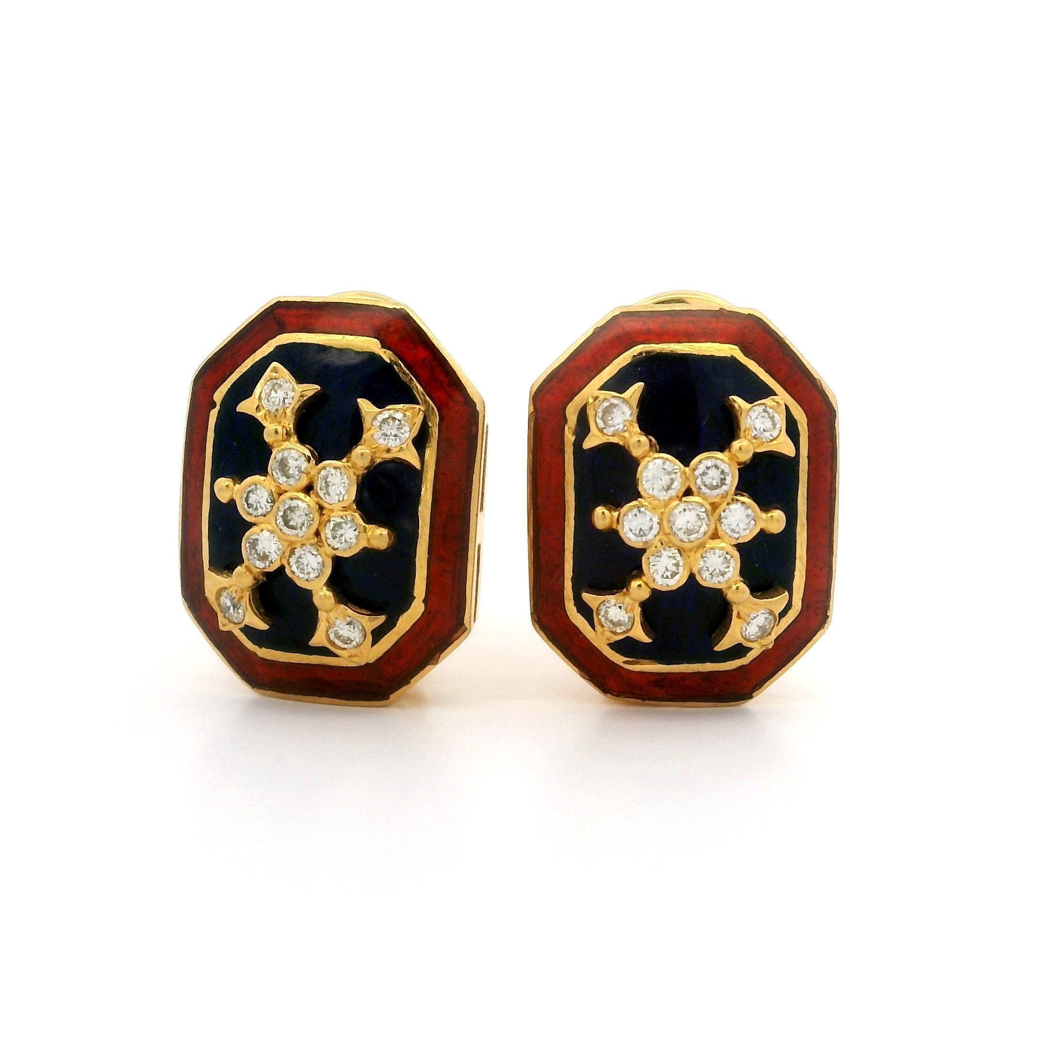 Brilliant Cut Vintage Indian 20K Gold Diamond Blue & Red Enamel Work Necklace Earrings Set For Sale