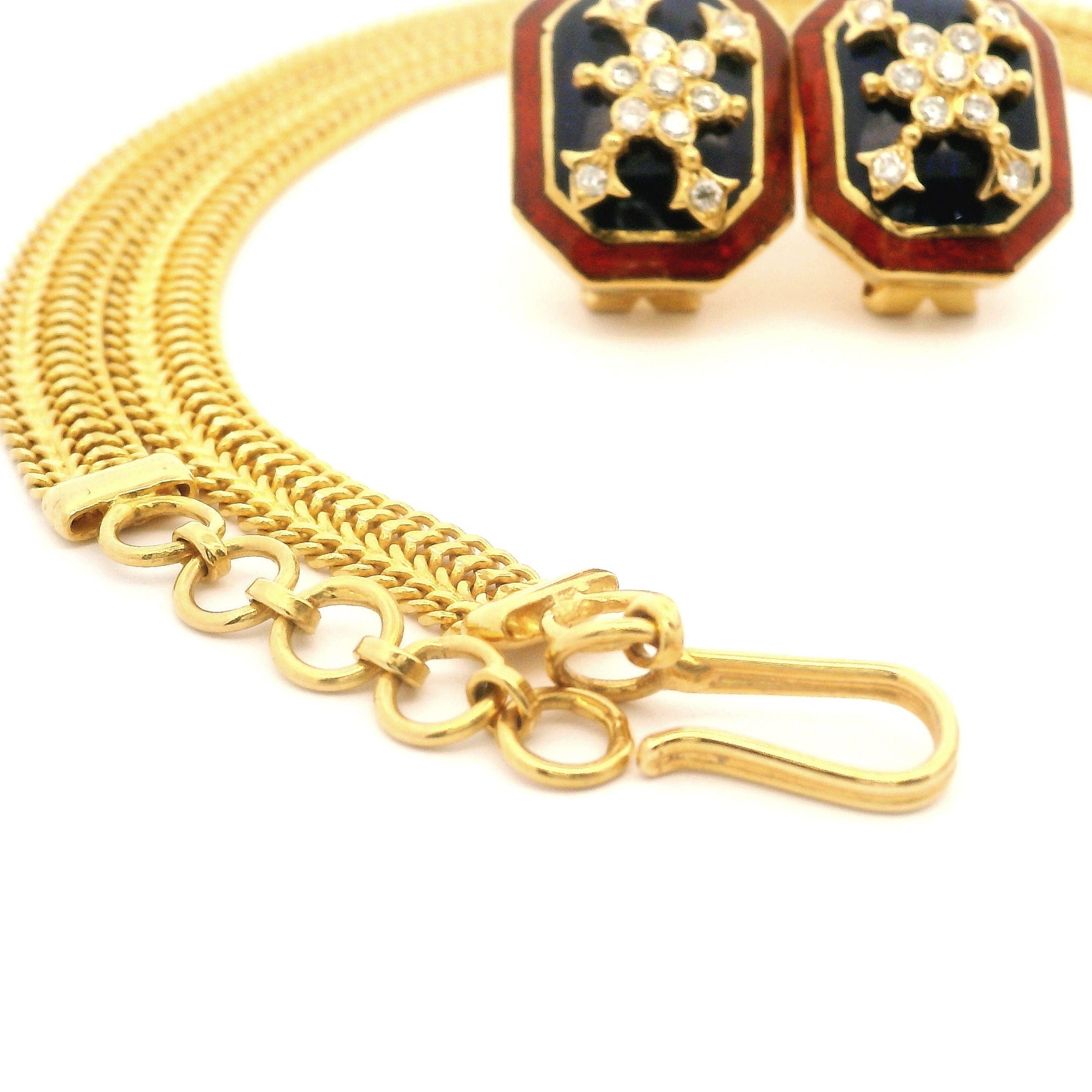 Vintage Indian 20K Gold Diamond Blue & Red Enamel Work Necklace Earrings Set For Sale 1