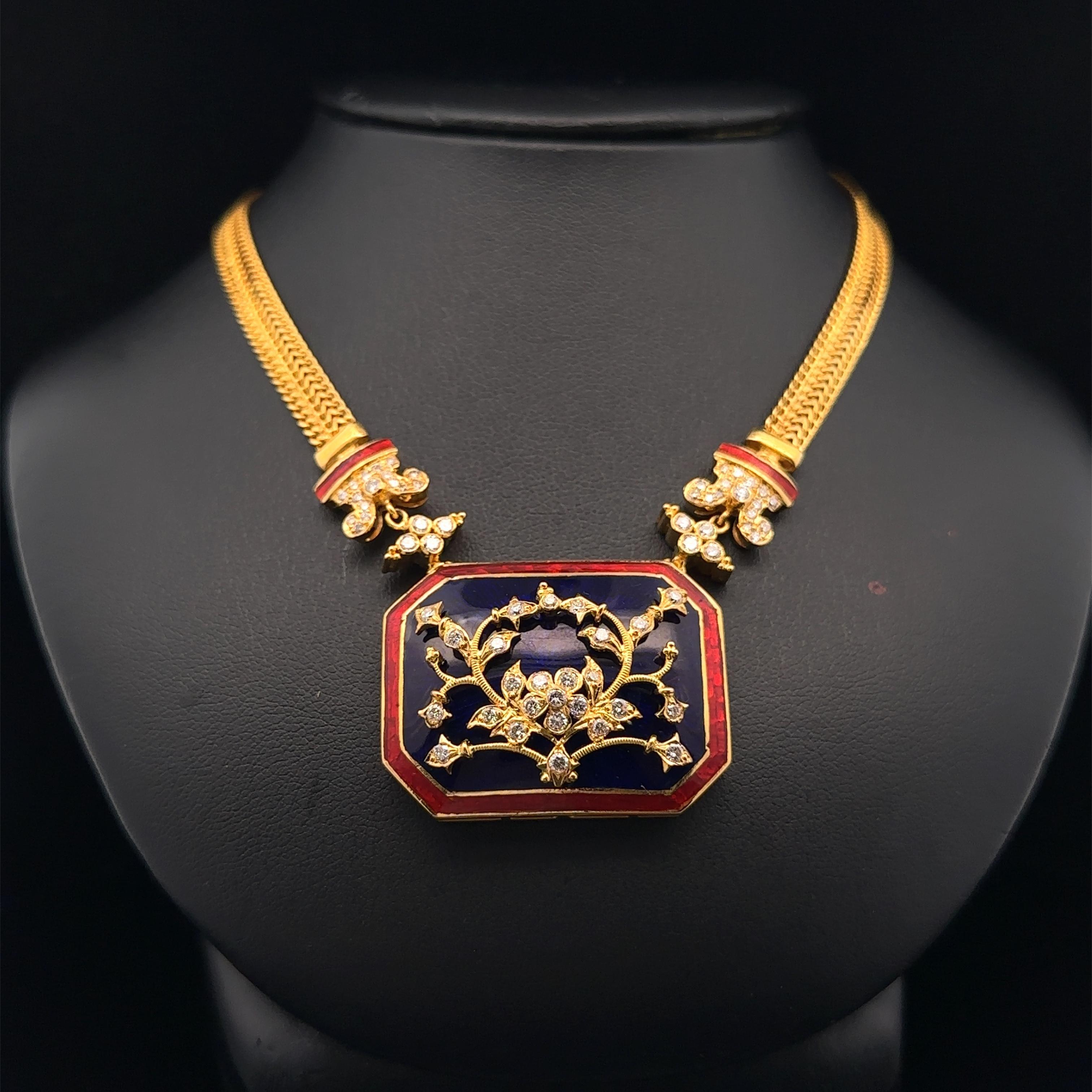 Vintage Indian 20K Gold Diamond Blue & Red Enamel Work Necklace Earrings Set For Sale 2