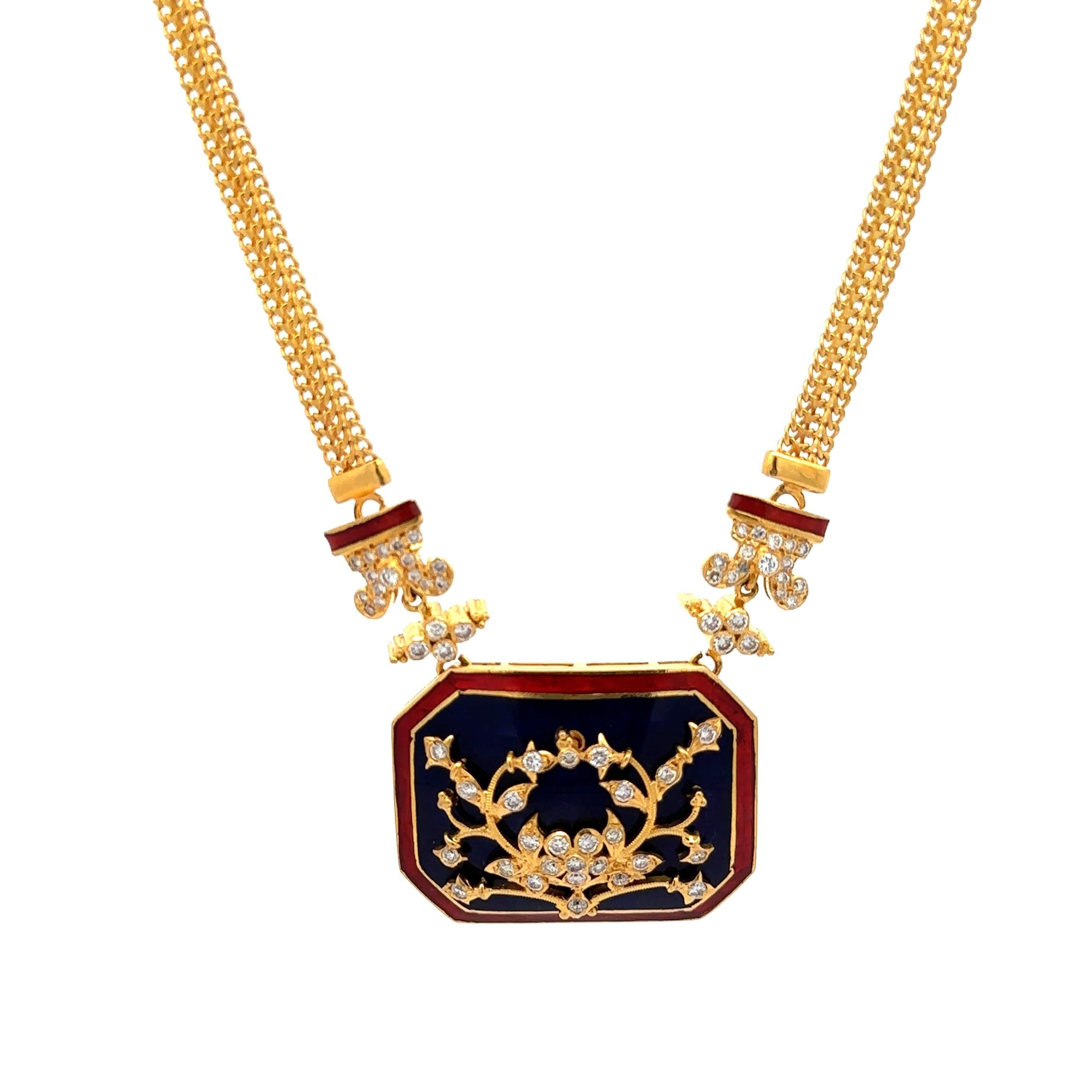 Vintage Indian 20K Gold Diamond Blue & Red Enamel Work Necklace Earrings Set For Sale 4