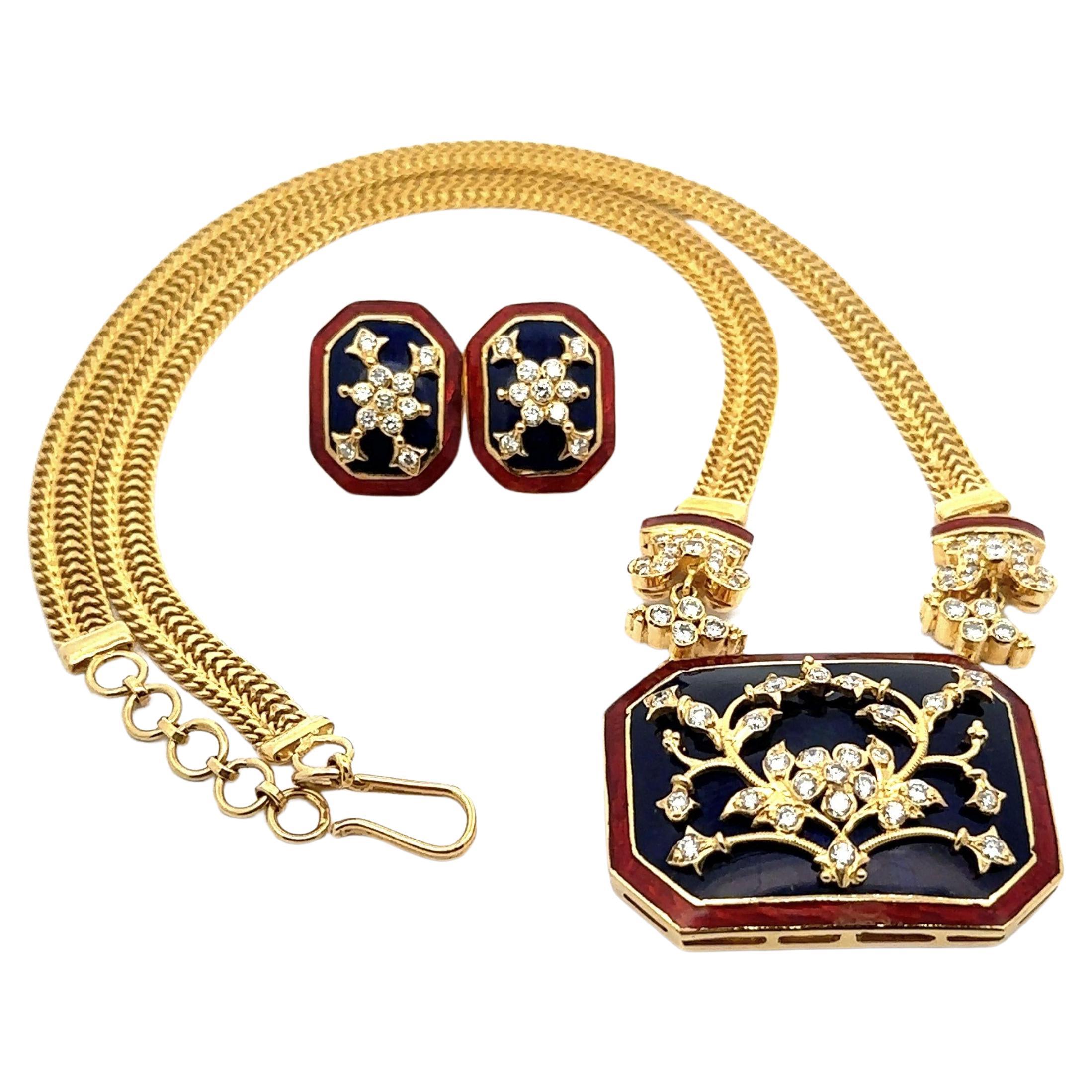 Vintage Indian 20K Gold Diamond Blue & Red Enamel Work Necklace Earrings Set For Sale