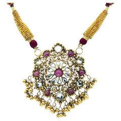 Vintage Indian 22k Yellow Gold Stone Pendant on a Purple Tassel Necklace