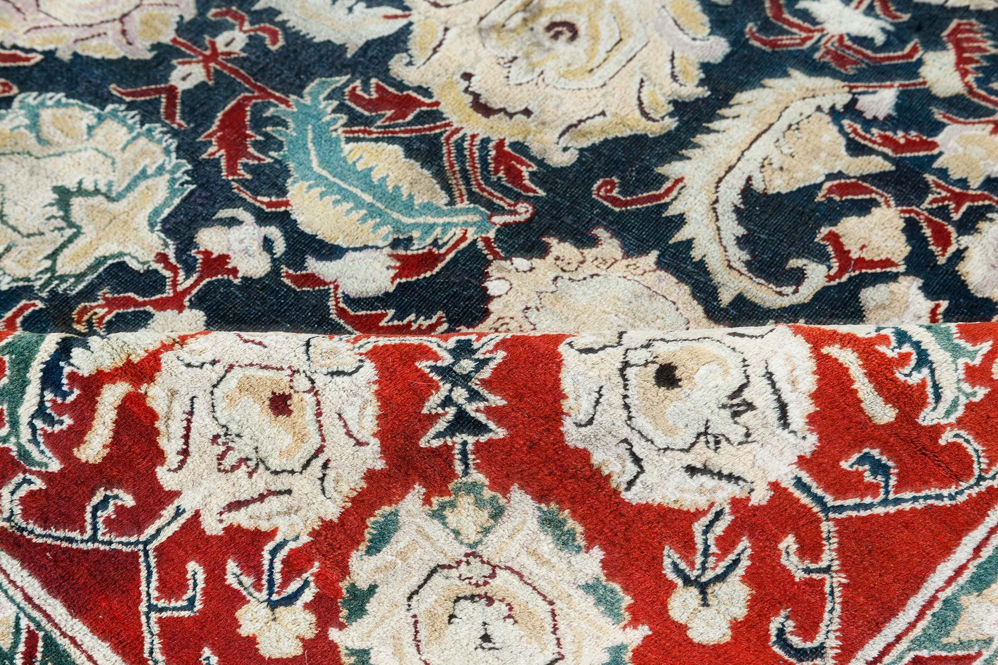 Hand-Knotted 19th Century Indian Agra Floral Handmade Wool Rug For Sale