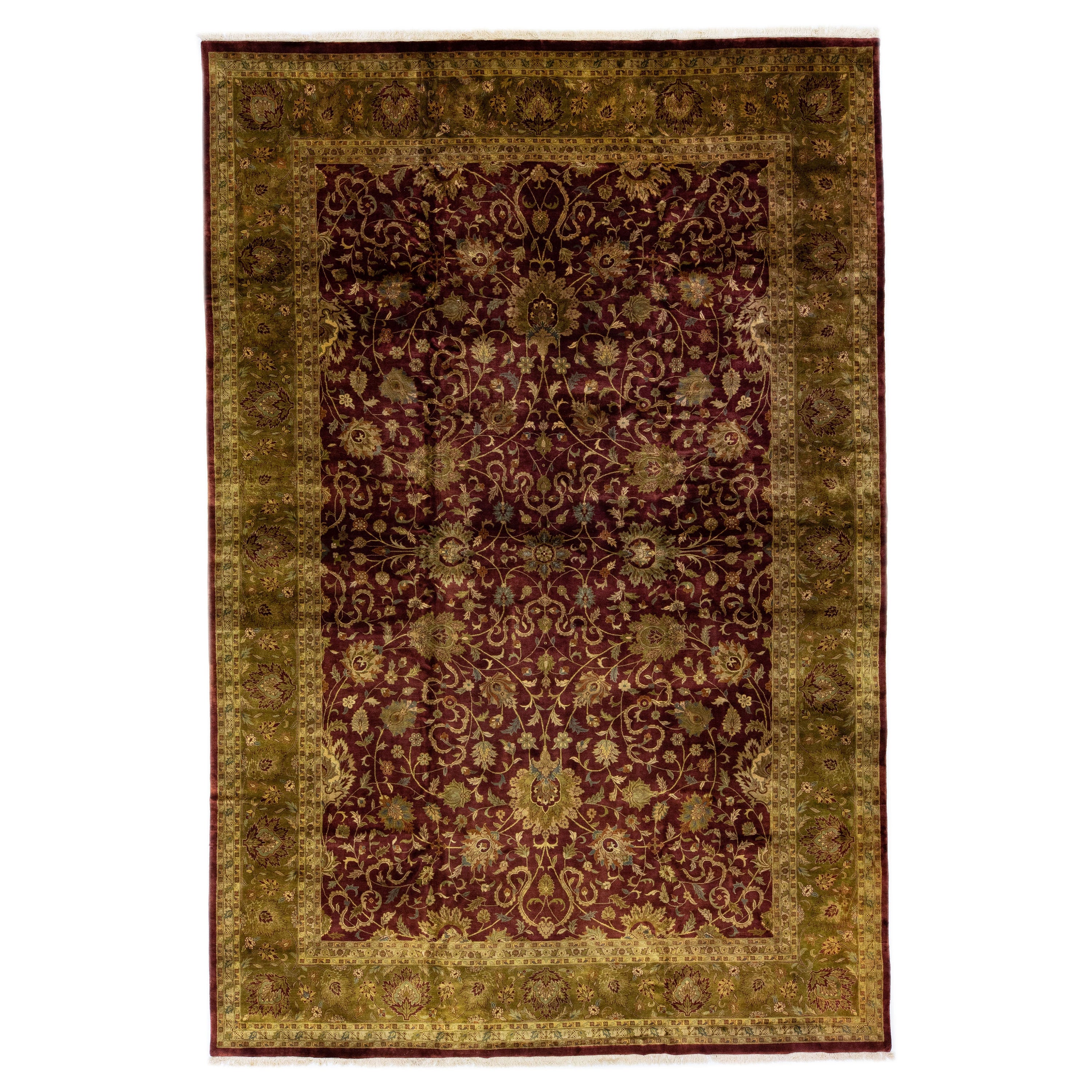 Tappeto vintage indiano Agra in lana borgogna fatto a mano con disegno a trifoglio