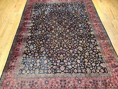 Antique Indian Agra Rug, Wool Pile, Floral Design, Navy Blue, 1900s