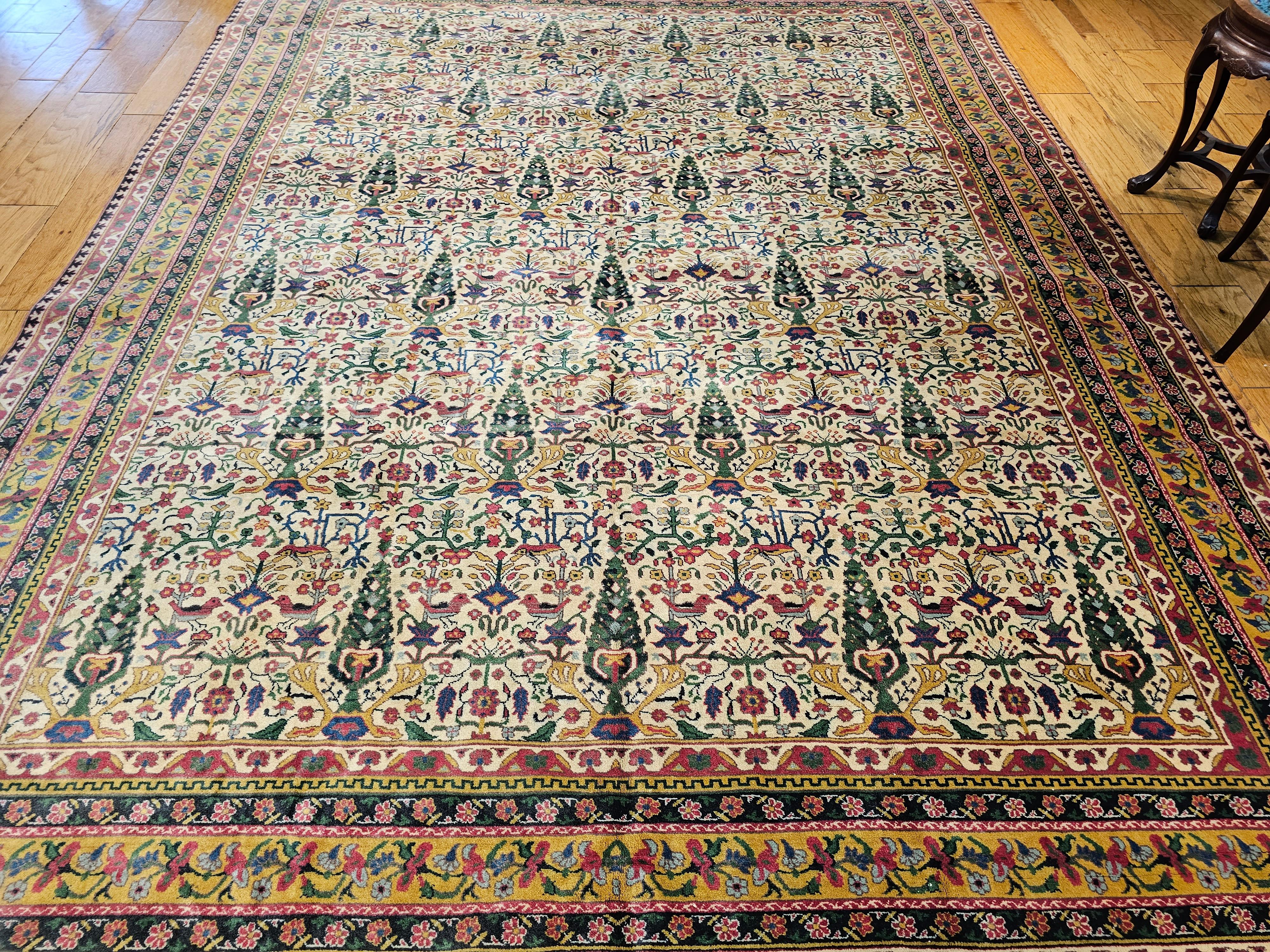Vintage Indian Agra Room Size Rug in Garden Pattern in Green, Yellow, Pink, Red For Sale 4
