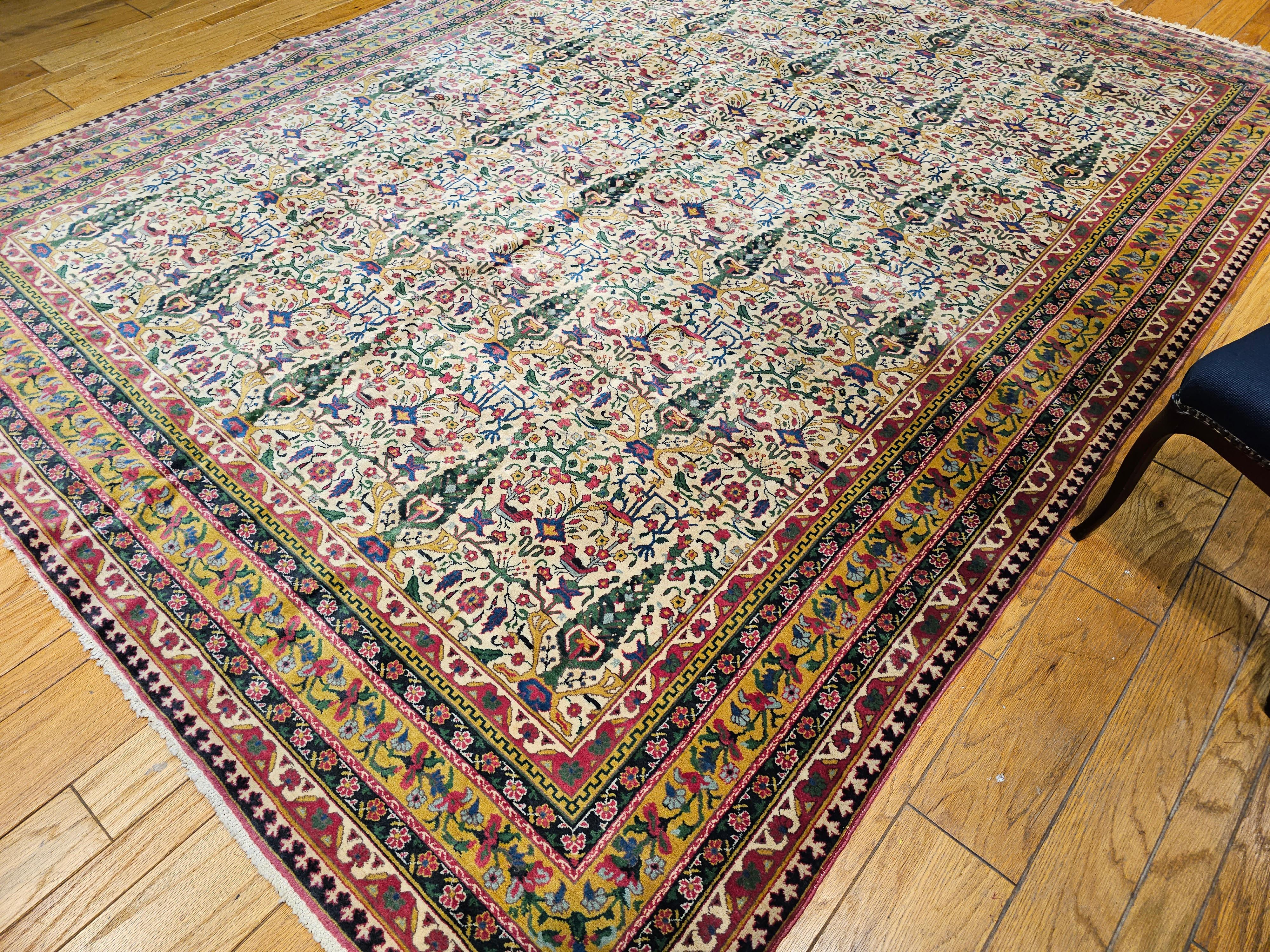 Vintage Indian Agra Room Size Rug in Garden Pattern in Green, Yellow, Pink, Red For Sale 5