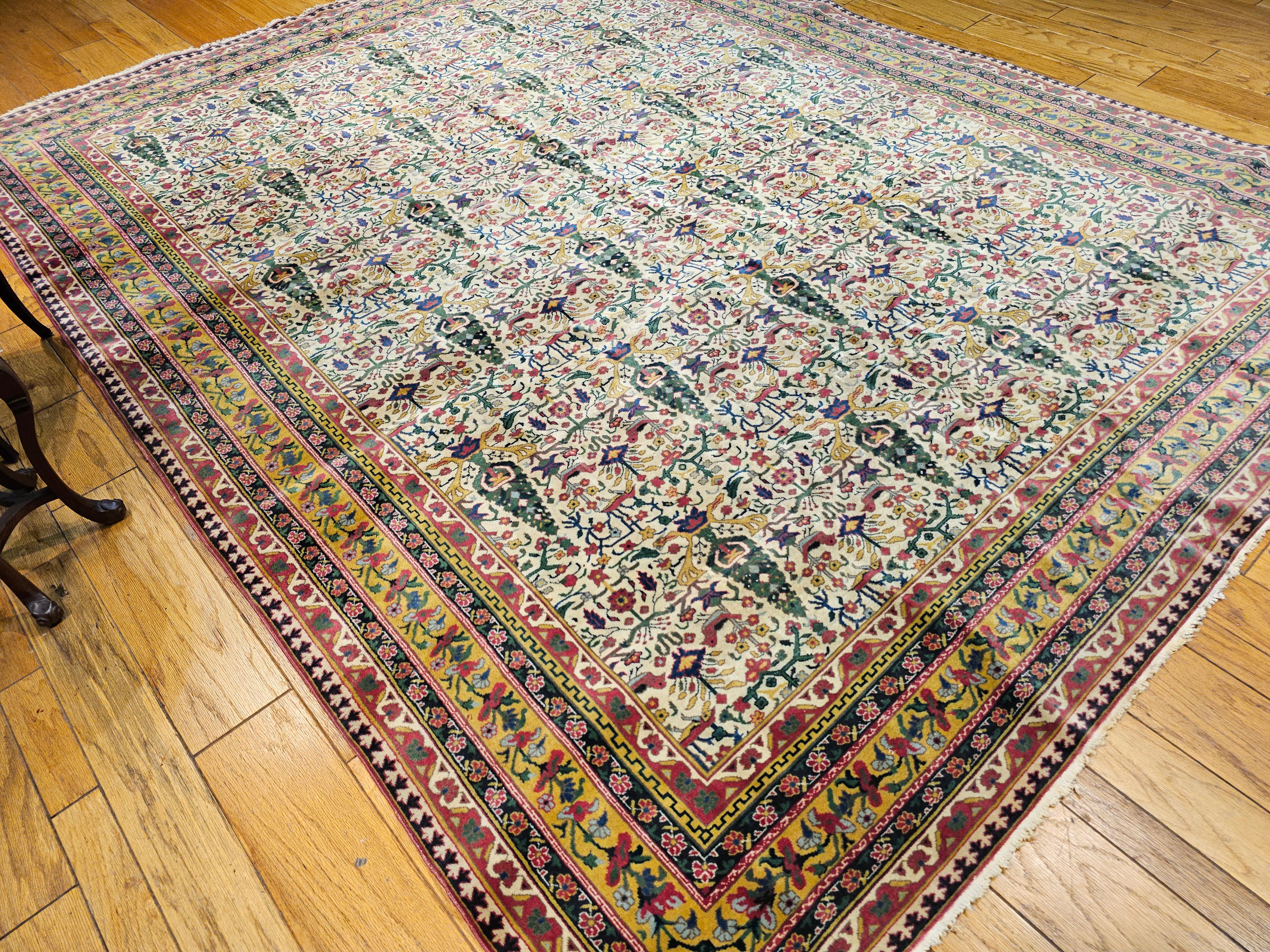 Vintage Indian Agra Room Size Rug in Garden Pattern in Green, Yellow, Pink, Red For Sale 6