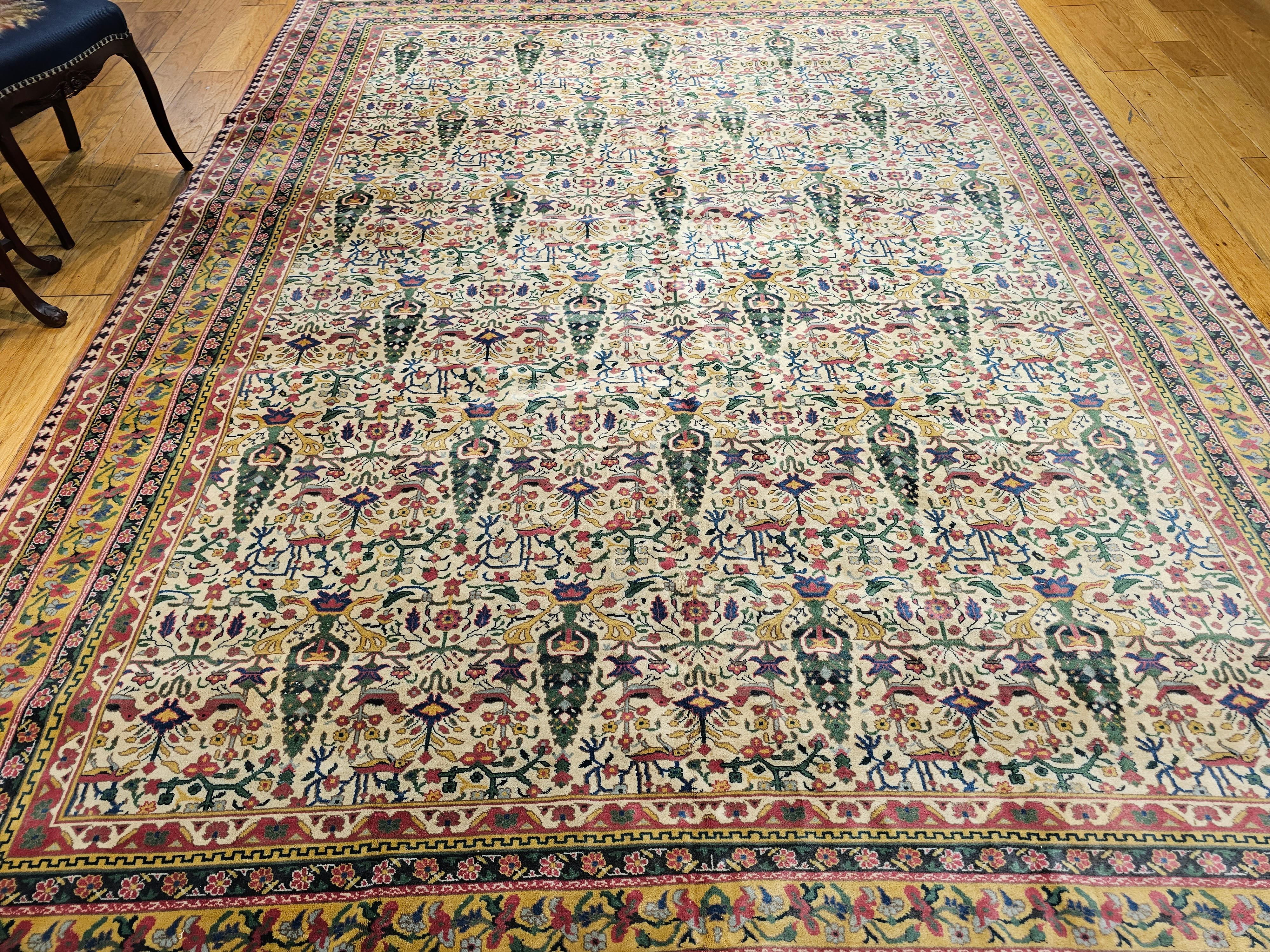 Vintage Indian Agra Room Size Rug in Garden Pattern in Green, Yellow, Pink, Red For Sale 7