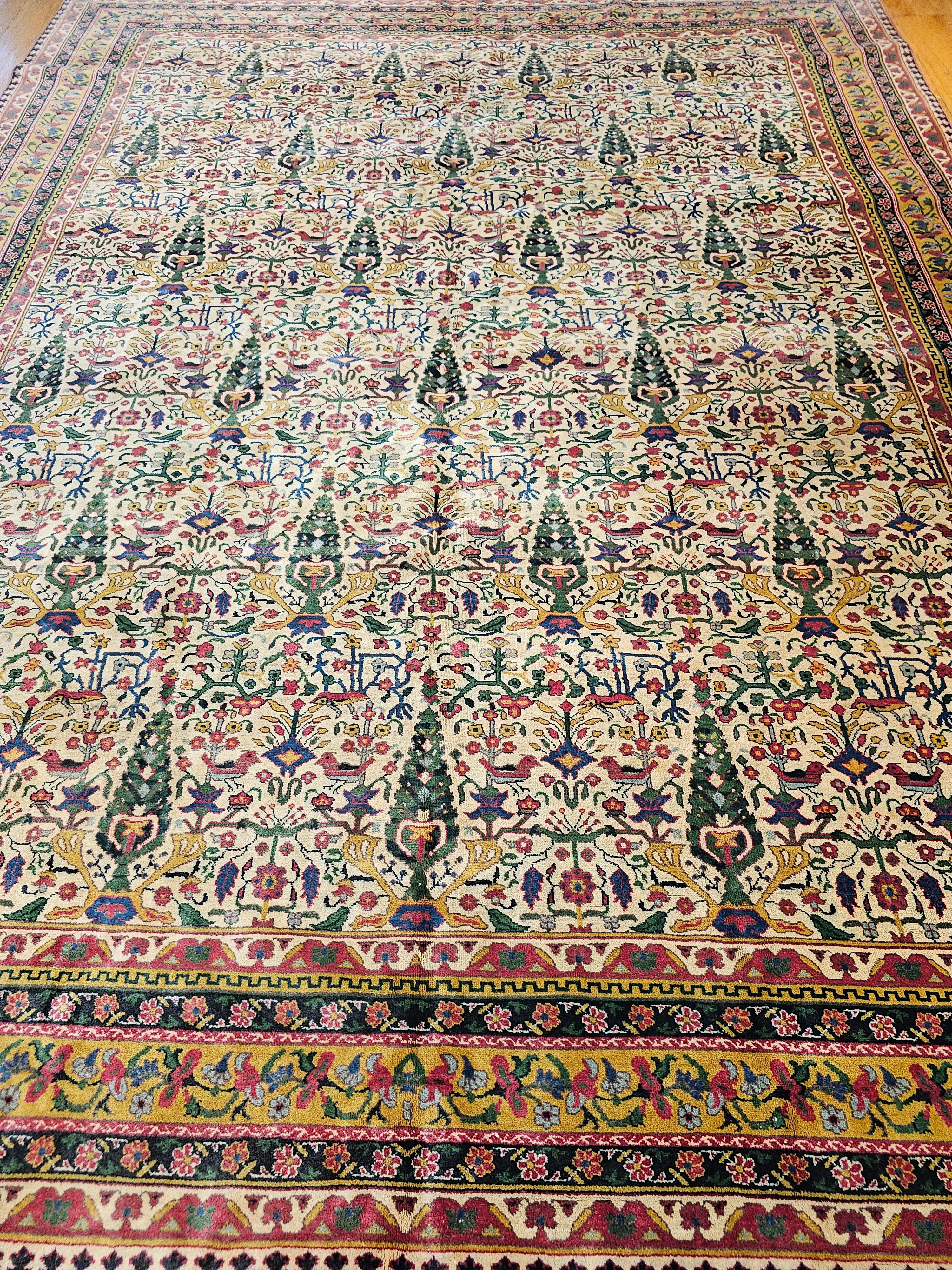 Vintage Indian Agra Room Size Rug in Garden Pattern in Green, Yellow, Pink, Red For Sale 10