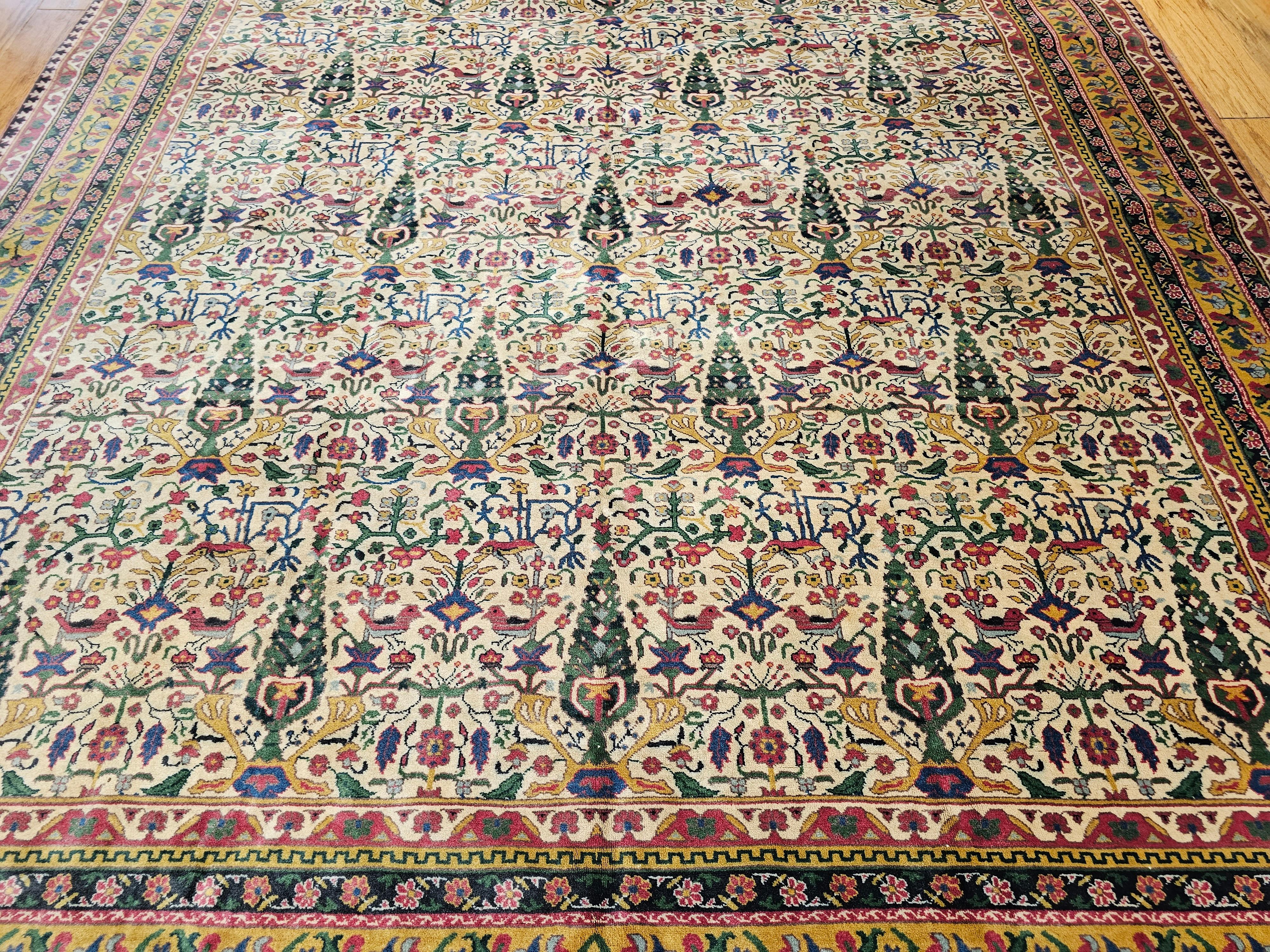 Hand-Woven Vintage Indian Agra Room Size Rug in Garden Pattern in Green, Yellow, Pink, Red For Sale