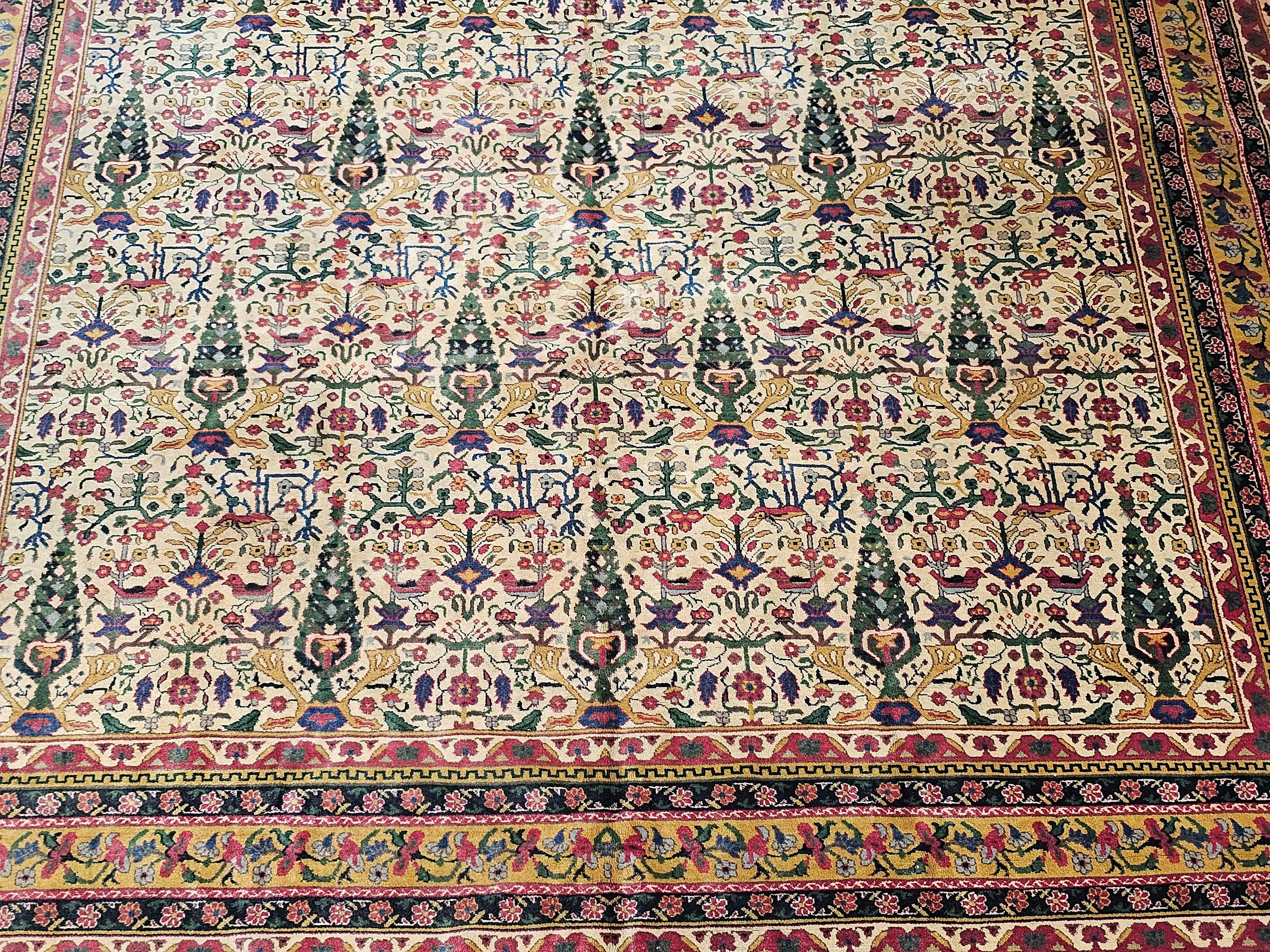 Vintage Indian Agra Room Size Rug in Garden Pattern in Green, Yellow, Pink, Red In Good Condition For Sale In Barrington, IL