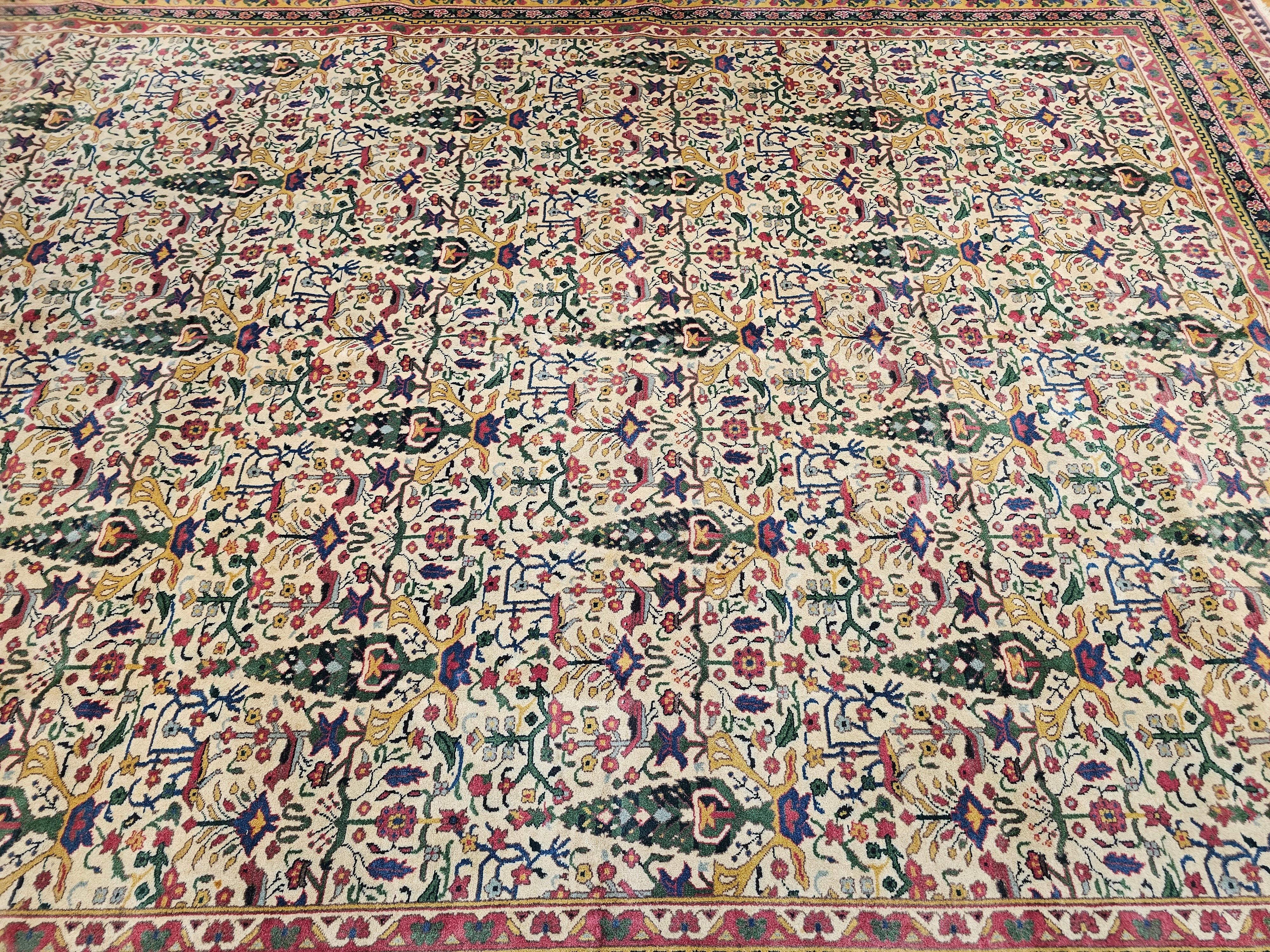 20th Century Vintage Indian Agra Room Size Rug in Garden Pattern in Green, Yellow, Pink, Red For Sale