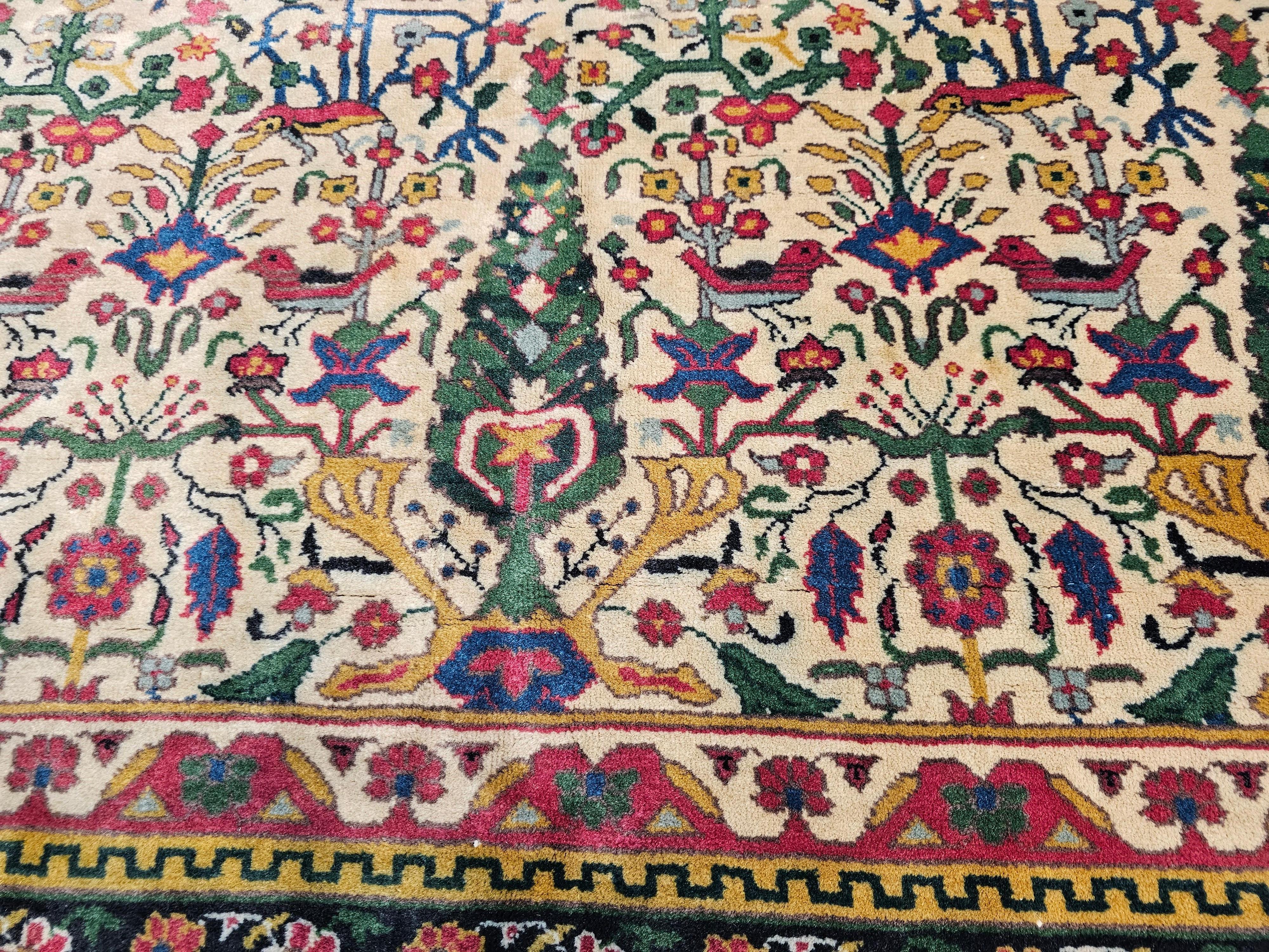Vintage Indian Agra Room Size Rug in Garden Pattern in Green, Yellow, Pink, Red For Sale 1