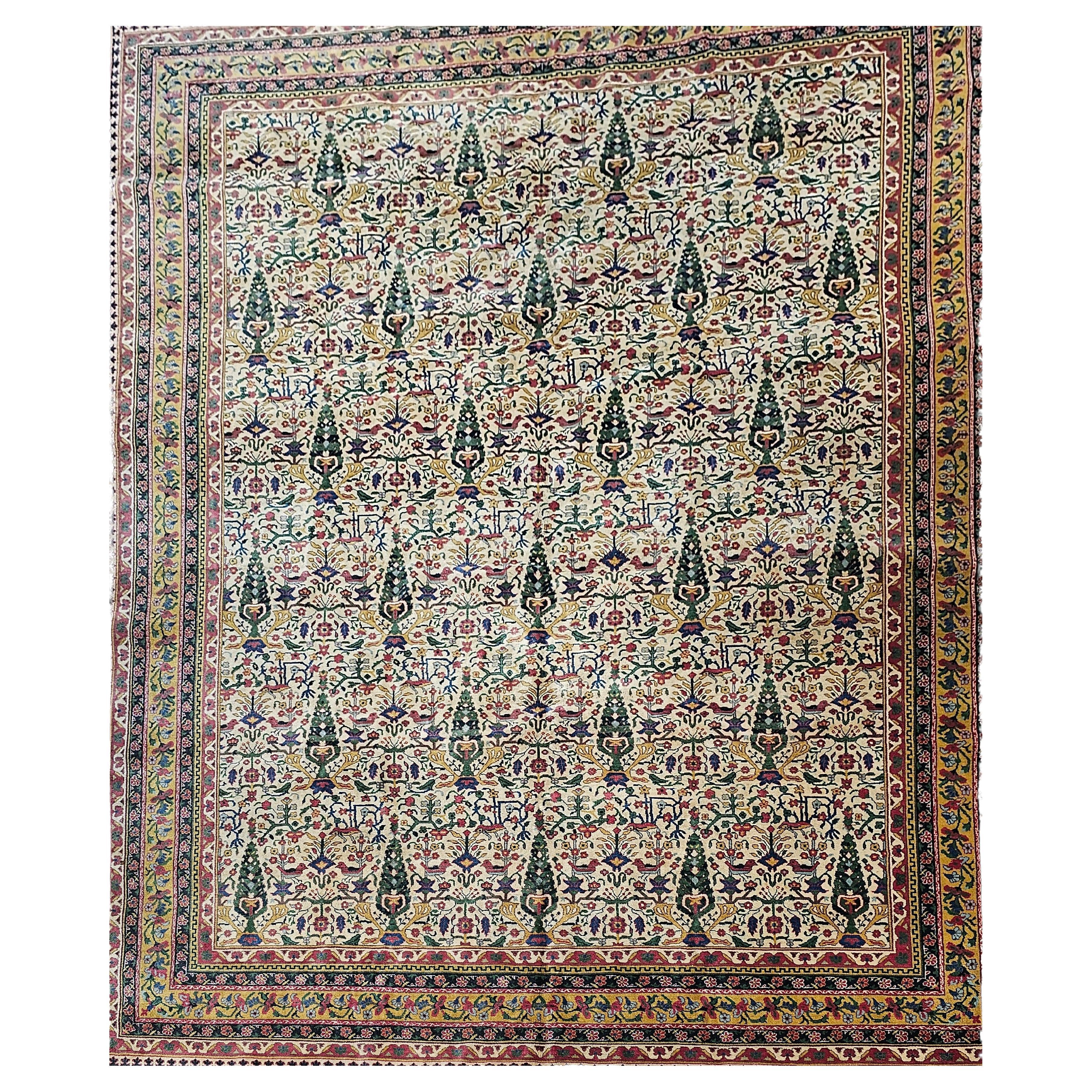 Vintage Indian Agra Room Size Rug in Garden Pattern in Green, Yellow, Pink, Red