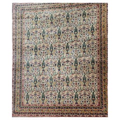 Retro Indian Agra Room Size Rug in Garden Pattern in Green, Yellow, Pink, Red