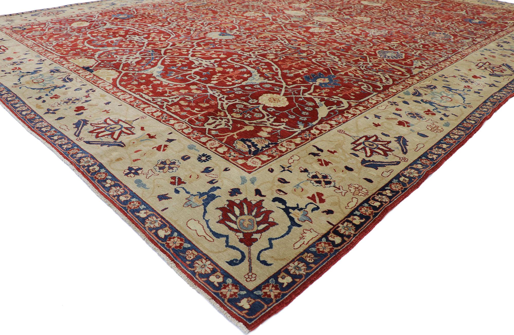 77643, vintage Indian Agra rug with Modern Jacobean style. With its deep red hues and beguiling beauty, this hand-knotted wool vintage Indian Agra rug will take on a curated lived-in look that feels timeless while imparting a sense of warmth and