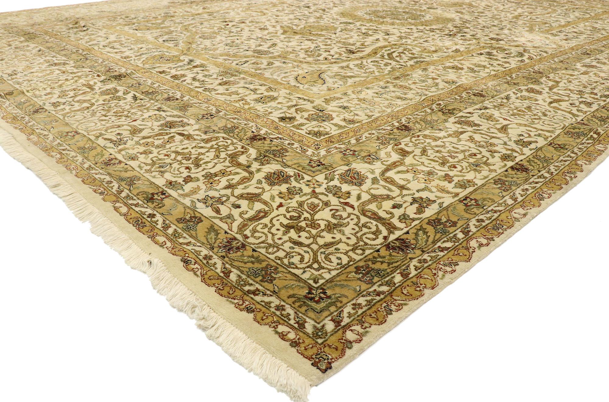 77520, vintage Indian Area rug with French Neoclassical Renaissance style. With ornate details and well-balanced symmetry combined with a neutral color palette, this hand knotted wool vintage Indian area rug beautifully embodies both French