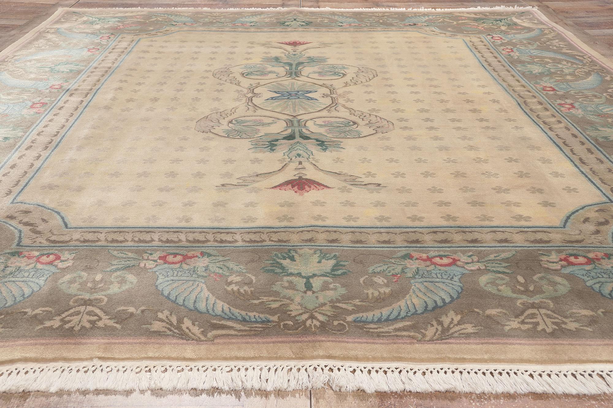 Vintage Indian Savonnerie Rug, European Charm Meets French Country Style In Good Condition For Sale In Dallas, TX