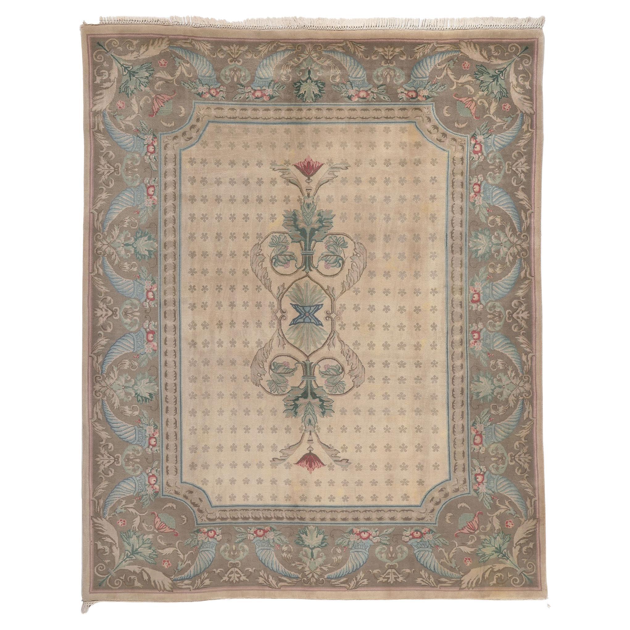 Vintage Indian Savonnerie Rug, European Charm Meets French Country Style For Sale