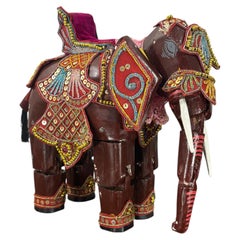 Vintage Indian Articulated Folk Art Elephant Toy, Hand Carved & Decorated