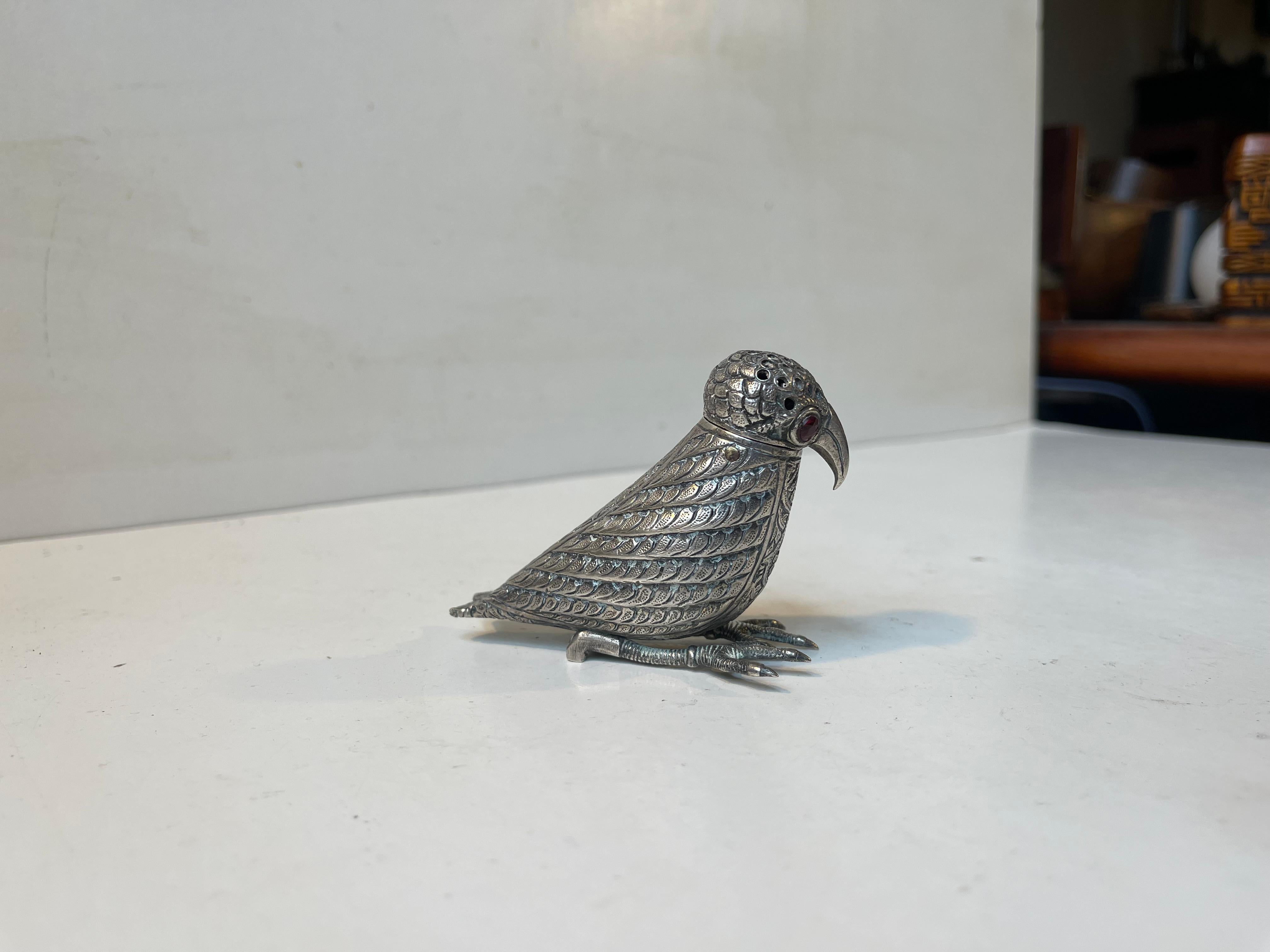 Hand-Crafted Vintage Indian Bird Sugar Shaker in Silver, Kashmiri Style For Sale
