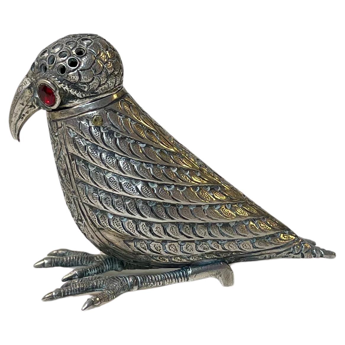 Vintage Indian Bird Sugar Shaker in Silver, Kashmiri Style For Sale