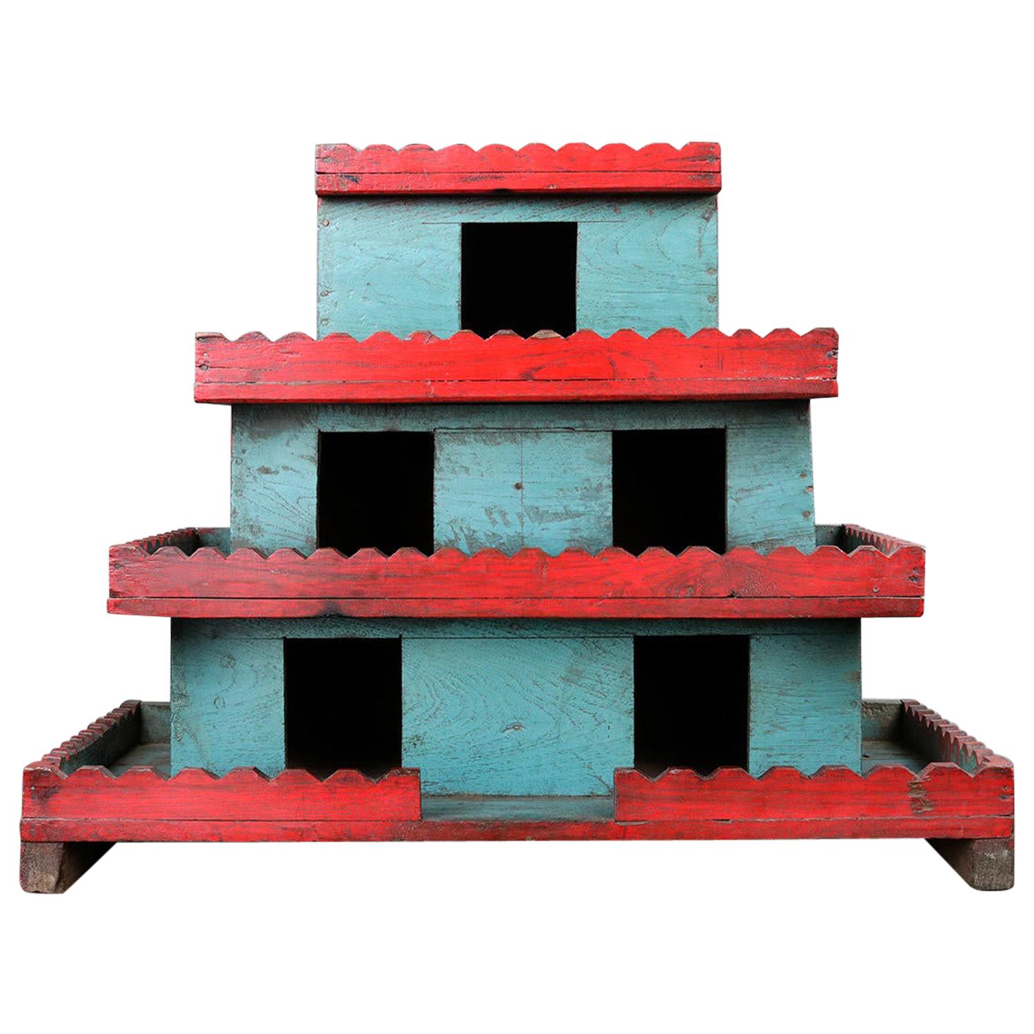 Vintage Indian Blue and Red Wooden Model House, 20th Century For Sale