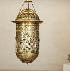 Vintage Indian Brass Hanging Lantern with Pierced Floral and Lattice Motifs