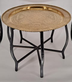 Vintage Indian Brass Tray Incised on Wood Folding Stand