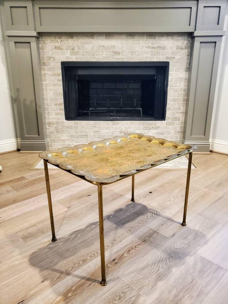 Vintage Indian Brass Tray Table In Good Condition For Sale In Forney, TX
